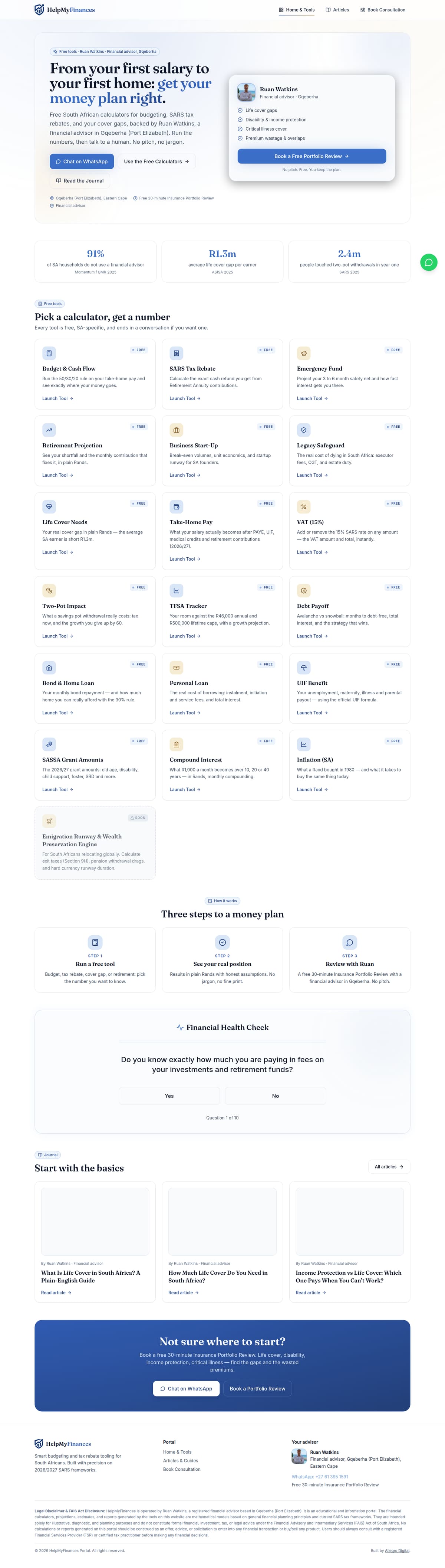 HelpMyFinances website — full page
